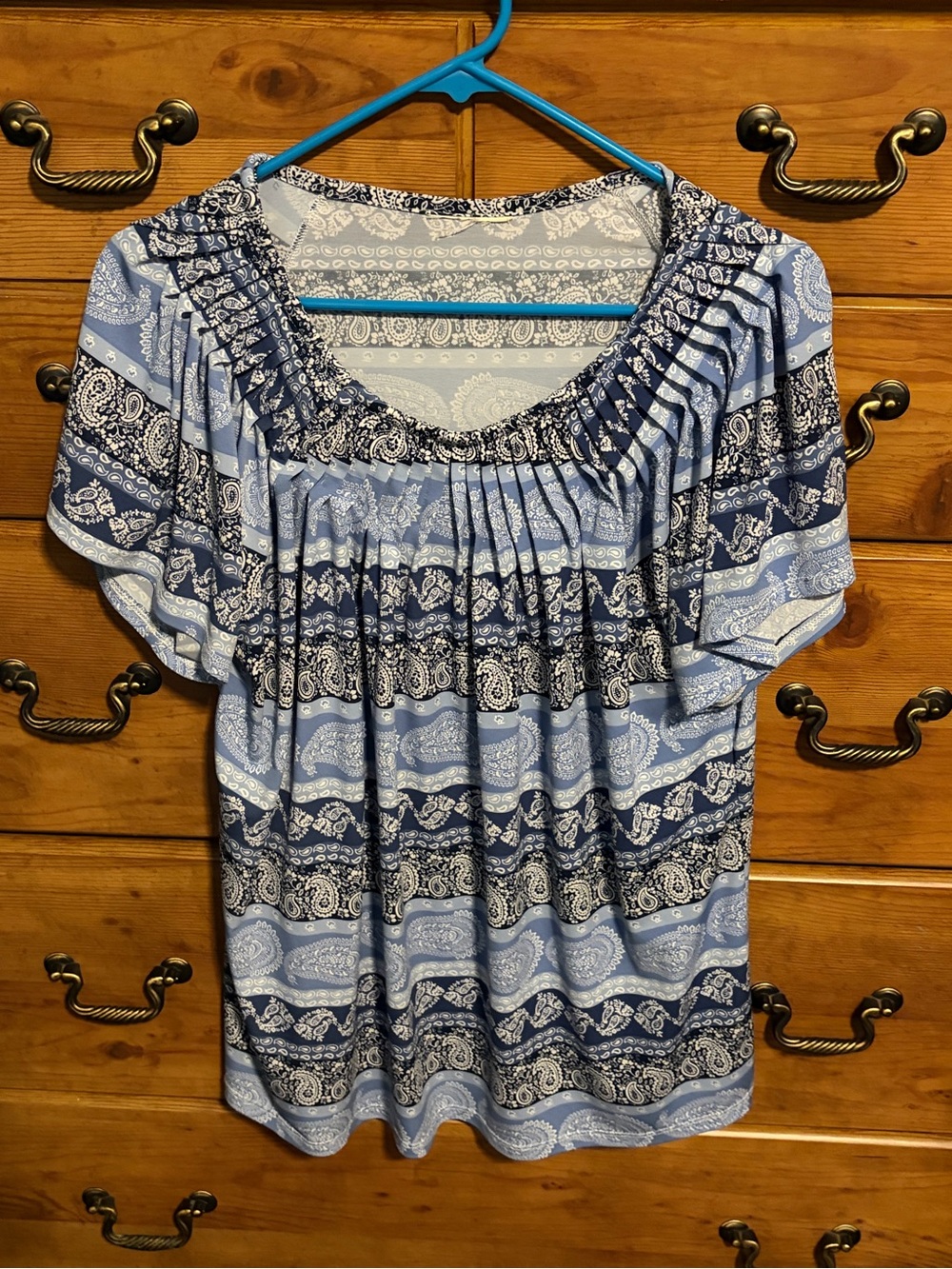 Style & Co. Navy and Light Blue Paisley Smocked Scoop Neck Top